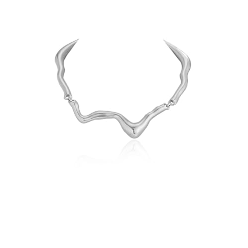 Punk Irregular Liquid Metal Clavicle Necklace for Women.Chunky Geometric Metallic Choker Necklace Grunge Jewelry (Silver)
