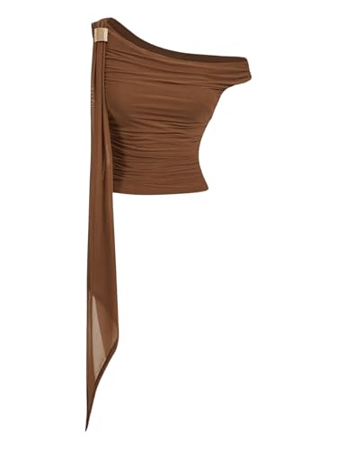 Verdusa Women's Sleeveless One Off Shoulder Asymmetrical Ruched Trendy Going Out Fitted Cropped Tops