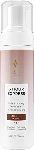Supra Tan MOCHA DARK 3 Hour Express Self Tanning Mousse with Instant Bronzers - Fragrance-Free Self Tanner for Natural Bronzing Sunless Dark Glow - Anti-Orange Fake Tan for Body & Face, 6.7 fl.oz.