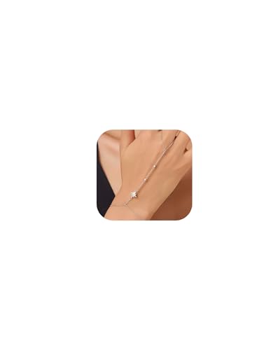Gold Bracelets for Women 14K Gold Plated Hand Chain Bracelet Dainty Trendy Ring Chain Bracelet Charm Link Adjustable Cubic Zirconia Hand Bracelets Jewelry Gifts for Women