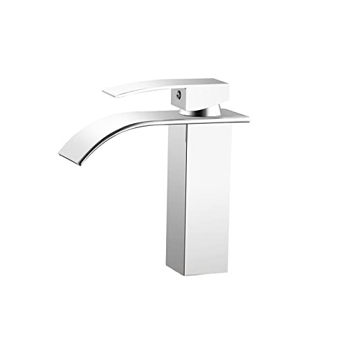 HUCKLE Mezclador Monomando De Lavabo, Diseño De Cascada, Plata Cromada Estilo Moderno De Acero Inoxidable, Para Baños, Válvula De Cerámica, Suministro De Agua Caliente Y Fría Cover