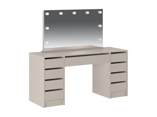 Vente-unique-Tocador Doble con Espejo con Leds - 9 cajones - Beige - JENEMI
