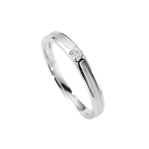 Homxi Anillo Alianza 14K Oro Blanco Mujer, Simple Redondo con Diamante de 0,05ct, Anillos de Plata Eternidad Mujer, Talla 13(53mm)