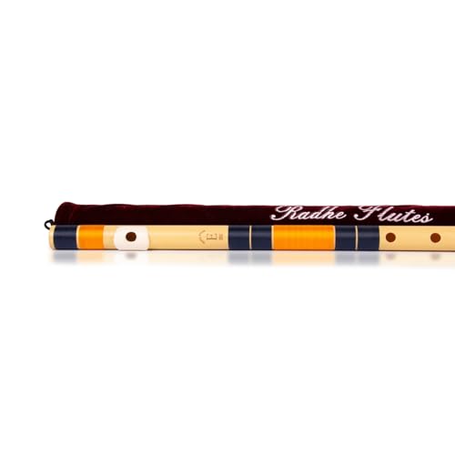 Image of Radhe Flutes | E Natural Right Handed Base Bansuri | Tuned With Tanpura A=440Hz | PVC Flute + Velvet Cover + Hindi & English Flute Lessons | PERENT (Beige Flute With Dark Blue & Orange Threads)