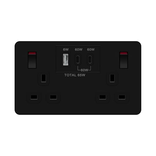 LIDER 2-Gang Switched 13A Socket with USB TYPE C & A, Power Delivery Fast Charging Wall Socket, Total Output 65W, PD 60W Max USB-C Output, Child Safe, Glossy Finish, Black (Use a 35mm-deep back box)