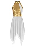Yihuimin Tanzkleider Damen Glitzer Ärmellose Ballettkleid Tanztrikot Stehkragen Partykleider Chiffonrock Faltenkleid Gymnastikanzug Weiß M