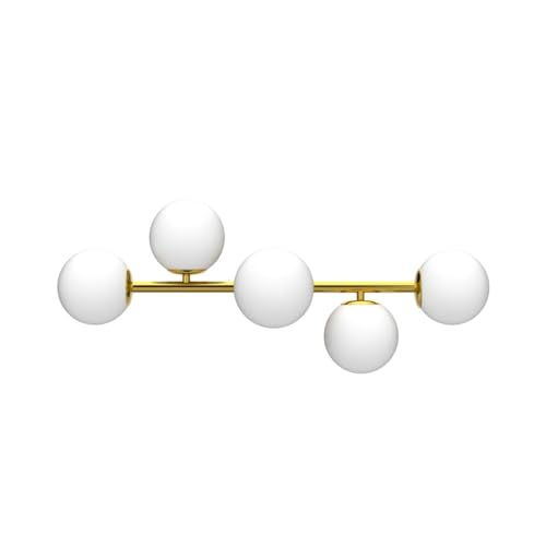 Image of Bathroom Vanity Lights, 5-Light Bathroom Light Fixtures, Mid Century Modern Brass Bathroom Light Ceiling Light, Wall Sconces Semi-Flush Mount Light Fixture with Milk Globe Glass, Brass Gold, G9 Base