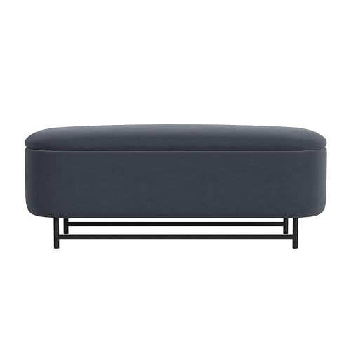 Image of HomePop 46 inch Ellipse Storage Bench with Metal Legs - Steel Blue Velvet