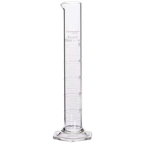Cilindro graduado Cole-Parmer de vidrio de 50 ml con base hexagonal estable 1