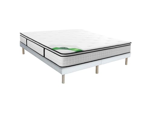 Vente-unique-Conjunto 180 x 200 cm somier tapizado + colchón de muelles ensacados 7 Zonas, sobrecolchón Integrado y Funda de bambú 23cm de Grosor - TAREVO de NATUREA