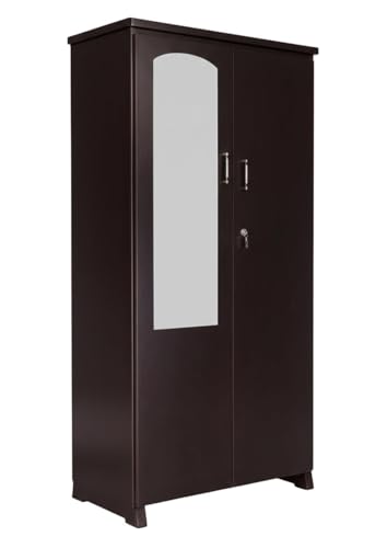 Image of CASPIAN 2-Door Wardrobe (17mm Thick Shelf's) Coffee Black | Pre-Assembled Almirah with Mirror, Hanging Space, 4 Shelves, 2 Drawers & Secure Locker | Durable Engineered Wood Clothes Storage Cupboard.