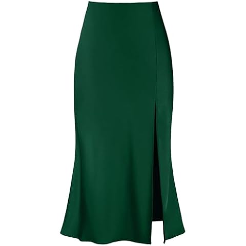 Women's High Waisted Casual Side Slit A Line Satin Midi Skirt Cover