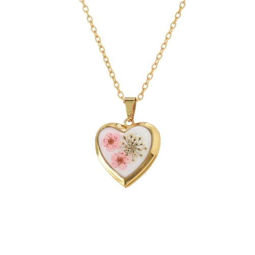 Heart Locket Dried Flower Pendant Necklace Stainless Steel Gold Plated Cute Light Pink Pressed Wildflower Charm Holds Pictures Choker Necklaces Fashion Trendy Jewelry for Her Bff 17.5
