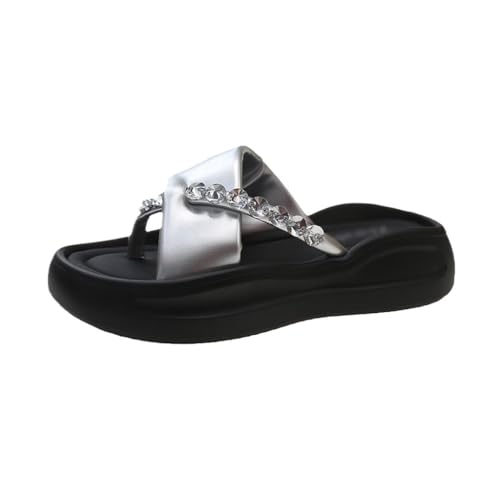 Thick Soled Slippers for Versatile Wearing with Rhinestone Toe Clips for Comfortable Beach Sandals(35)