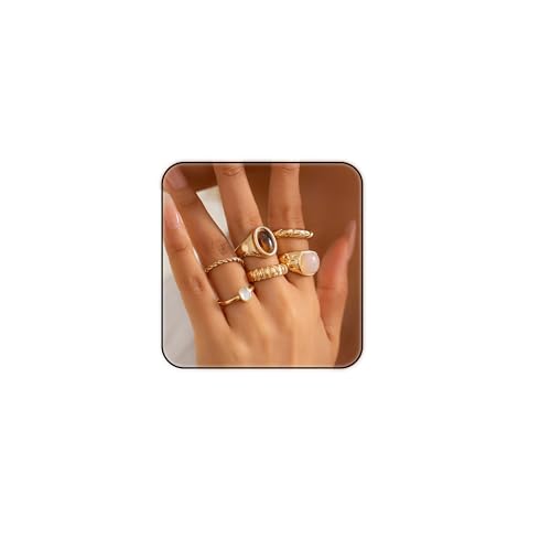 ZMANYIJEW 5PCS Gold Rings Set for Women: Ruffled Colorful Stone, Chunky, Adjustable, Bold Thick Rings - Gold Statement Open Dome Ring (Gold A)