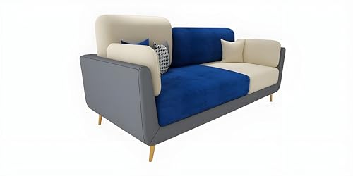 Image of Velvet Contemperory Sofa Couch with Cushion Chaise Lounge Sectional Perfect for Living Room & Bedroom Guests Home & Office (3 Seater Blue & Beige)