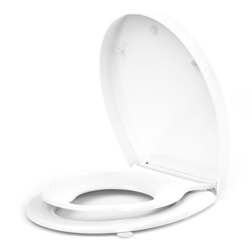 Tavoletta WC familiare Universali O Forma, YEAUPE PRO Sedile WC Con chiusura ammortizzata e funzione di sgancio rapido, Montaggio Rapido,Facile da Pulire, Bianco, 44,6 x 37,2 x 4,35 CM
