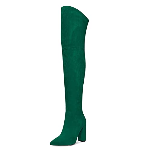 HDEUOLM Women Chunky Block High Heel Close Pointed Toe Over Above The Knee Boots Zipper Sexy Classic Shoes