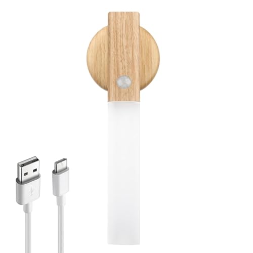 Luminaria Aplique de Pared de Madera Recargable USB Portátil Lámpara Inalámbrica Detector de Movimiento Interior con Batería Recargable Magnética para Escaleras Dormitorio Pasillo Blanco Cálido [Clase
