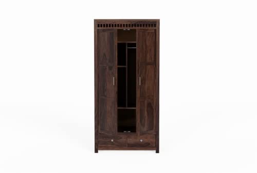 Image of Wooden 2 Door Wardrobe for Bedroom, Almirah with 2 Drawers & Multiple Shelves Storage, Solid Sheesham Wood, Walnut Finish