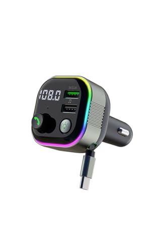 Zynkloac Cargador de coche PD de 65 W con Bluetooth 5.4 MP3, cable retráctil, luz ambiental y transmisor FM, carga inalámbrica rápida para todos los vehículos