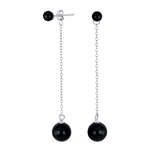Simple Gemstone Dangle Double Round Genuine Black Onyx or Green Jade Long Linear Dangle Chain 2 Ball Earrings For Women .925 Sterling Silver 8MM
