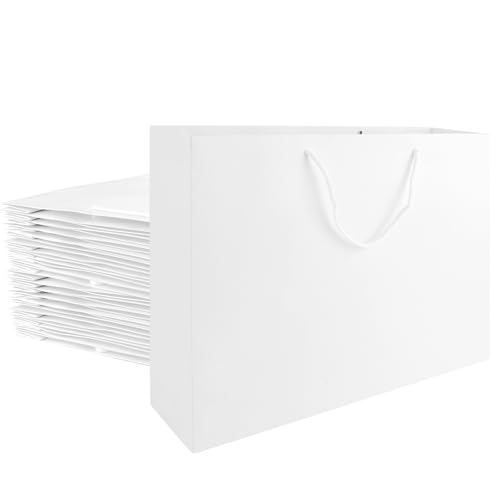 MUXHEL 20 bolsas de regalo de papel blanco, 40 x 10 x 30 cm, bolsas de papel con asas, bolsas de papel de estraza para cumpleaños, fiestas, bodas, regalos