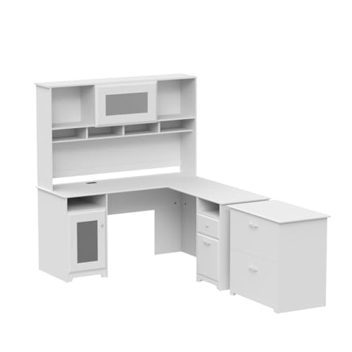 Bush Furniture Cabot 60W L Shaped Computer Desk with Hutch and Lateral File Cabinet in White