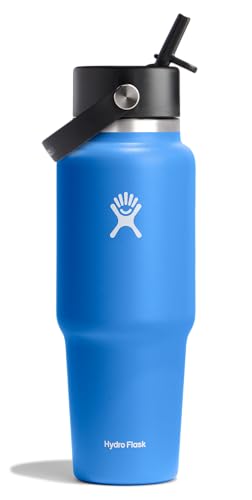 Hydro Flask Travel Water Bottle - Insulated Stainless Steel - Wide Straw Lid, Non Spill, Leakproof in 32 Oz Cascade Blue