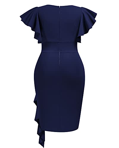 Image of Miusol Women's Plus Size Vintage V Neck Ruffles Sleeve Bodycon Business Cocktail Party Pencil Dress