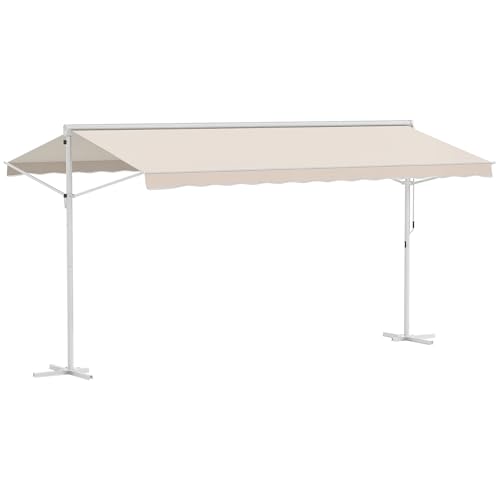 Outsunny Store Double Pente Manuel rétractable Inclinaison réglable Acier époxy Blanc Polyester imperméabilisé Anti-UV Beige dim. 4,50L x 3,40l x 2,55H m