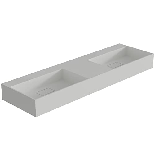 BERNSTEIN - Double Vasque Lavabo Rectangulaire à poser/suspendre fonte minérale Lave main mural Blanc mat 153x45x15cm + Etagère - Design, Robuste & Durable...
