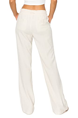 Cali1850 Women's Casual Linen Pants - 29", 32" Oceanside Drawstring Smocked Waist Beach Lounge Trousers with Pockets3