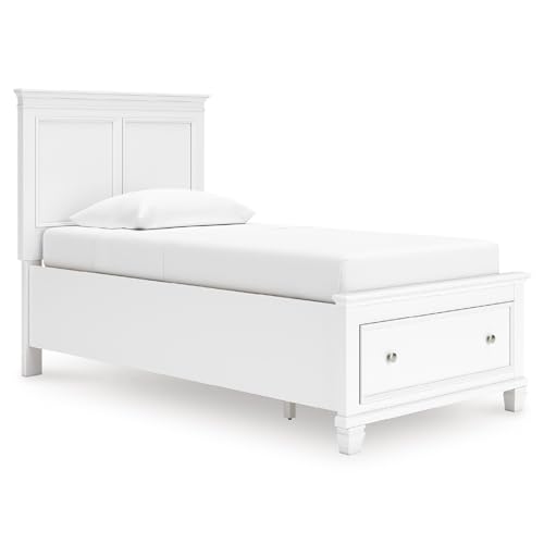 Image of Signature Design by Ashley Fortman Twin Panel Storage Bed, White | Wood and engineered wood, 1 extra deep footboard drawer, Includes roll slats, Traditional style, Youth bedroom furniture