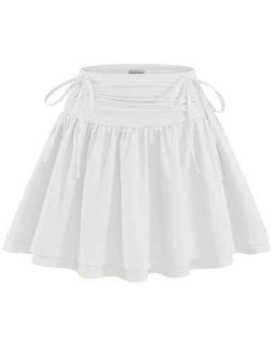 Meetjen Women's Mini Skirts High Waisted Ruched Layered Skorts Ruffle Hem Casual Bow Cute Y2k Short Skater Skirt