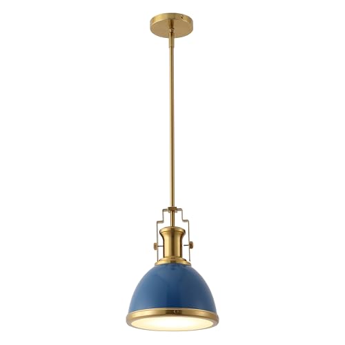 Image of JONATHAN Y Homer Industrial Dome Pendant 10 inch, Navy /Brass Gold | 1-Light, Farmhouse Style, Adjustable Hanging Height, Glass Diffuser, Sloped Ceiling Compatible, Metal, LED Bulb Included