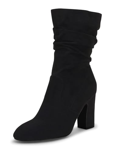 Coutgo Women's Mid Calf Slouchy Boots Suede High Heel Zip Stacked Chunky Block Round Toe Booties