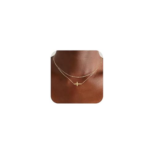 Cross Necklace for Women, 14K Gold Plated Layered Dainty Small Pendant Choker Cross Necklace, Trendy Simple Cute Charm Chain Cross Necklaces for Women Faith Jewelry Religious Minimalist Mother's Day Gift