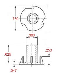 T-Nut 1/4-20 X 5/8" Length, 4 Prong, Steel, Press-In Threaded Insert For Wood Or Plastic. (Pack Of 25) #TOP1
