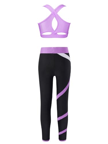 TiaoBug Kids Girls Dance Crop Top with Athletic Legging Set Gymnastics Dance Outfits 2Piece Dancewear Activewear Set Lavender 8 Years - Thumbnail 2