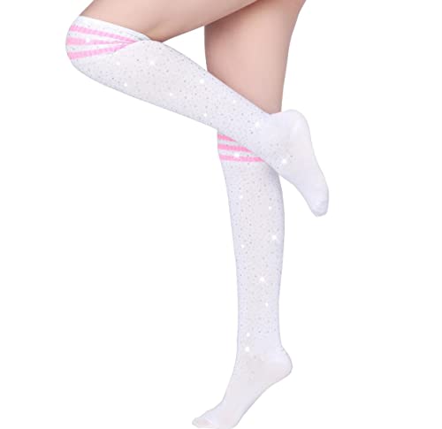 Image of Woman's Rhinestone Over Knee High Socks Stripe Knit Stockings Leg Warmers for Christmas Valentines day Events