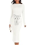 MEROKEETY Women's Long Sleeve Bodycon Midi Sweater Dress, White, M