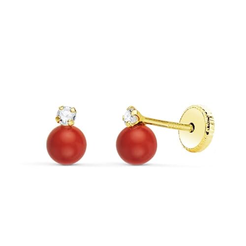 Pendientes de Oro de 18k Tu y Yo de 6.55mm. circonita con coral