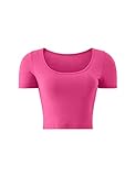 Cropped Workout Tops Athletic Yoga Gym Crop Top for Women Cute Sexy Short Sleeve T-Shirt for Teen Girls (Hot Pink,Small)