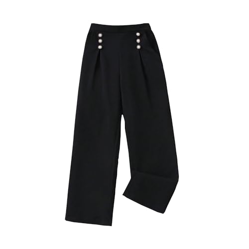 Alunsito Pantalon taille haute avec ceinture pour petites filles jambes larges décontracté élastique couleur unie boutons noir 8-9 ans