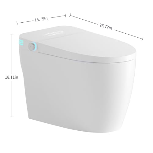Inodoro inteligente sin tanque con bidé integrado, asiento de inodoro de una pieza, descarga automática, apertura y cierre automáticos, asiento calefactado, agua tibia y secado, temperatura ajustable, control remoto y botones laterales miniatura 2