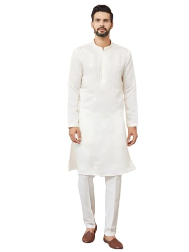 Image of See Designs Men's Long Sleeve Mandarin Collar Side Slit Off-White Embroidered Chanderi Silk Straight Kurta