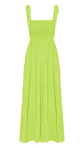 GOLDSTITCH Women's Summer Boho Spaghetti Strap Ruffle A Line Beach Long Maxi Dress Neon Green