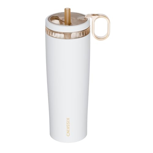 Image of KISSKIND 24 Oz Iced Coffee Tumbler with Hidden Straw, Insulated Stainless Steel Coffee Tumbler, Leakproof Ceramic Lined Travel Cup for Subway Commuting, Slim Cold Brew Tumbler for To-Go, Clean Brew