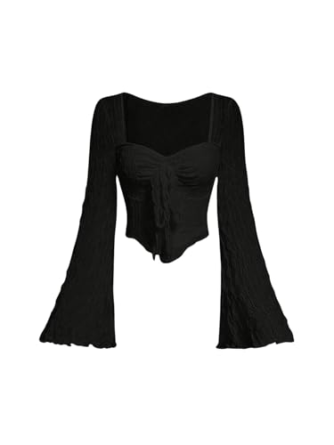 SOLY HUX Women’s Long Bell Sleeve Tops Mesh Sweetheart Neck Going Out Crop Top Casual Asymmetrical T Shirts Tees